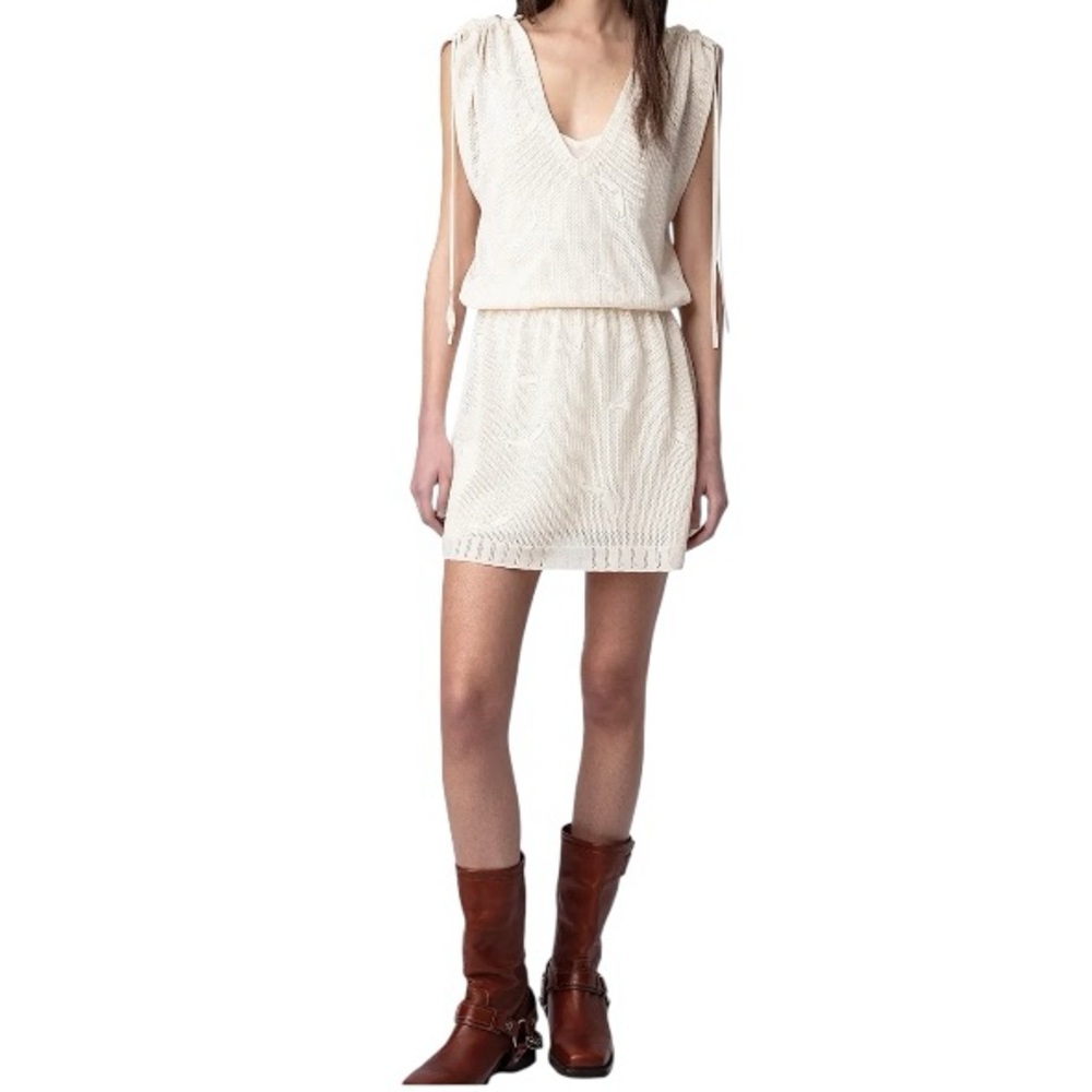 Zadig & Voltaire Alanis Dentelle Tie Shoulder Mini Dress XS/S Ecru